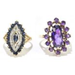 A 9ct gold amethyst dress ring, size N, together with a 9ct gold sapphire dress ring, size K, approx