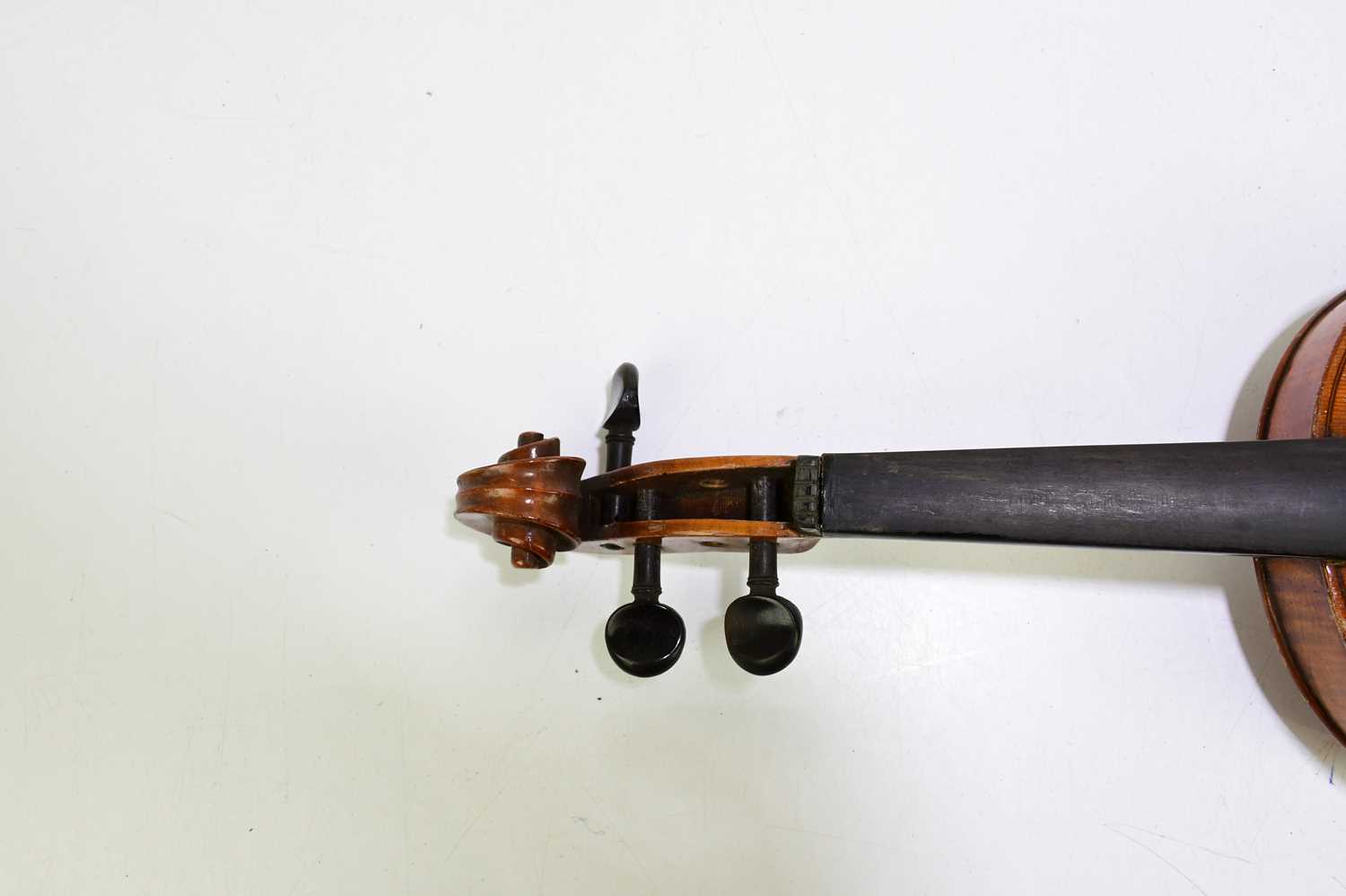 A full size German violin, Stradivarius copy, with two-piece back, length 35.8cm, cased with bow. - Image 2 of 5