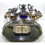 A pierced silver plated twin handled galleried tray, length 60cm, with an Art Deco four piece silver