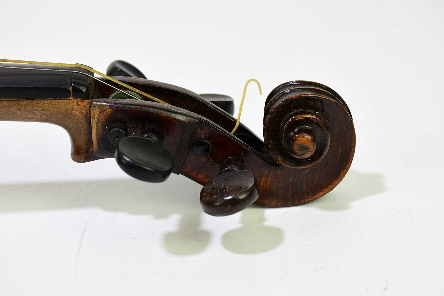 A full size German violin with inlaid decoration and one-piece back, length of back 35cm, cased. - Image 6 of 10