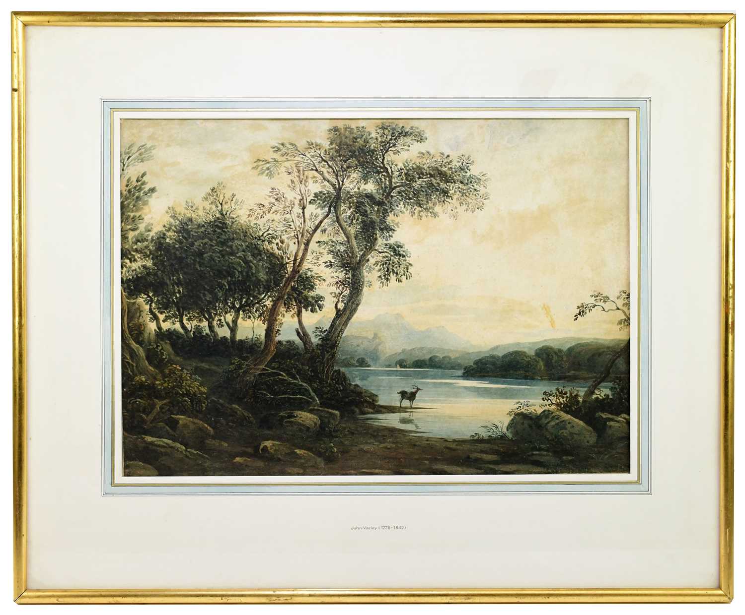 JOHN VARLEY (1778-1842); watercolour, landscape with lake and deer, with label verso for Irene &