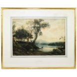 JOHN VARLEY (1778-1842); watercolour, landscape with lake and deer, with label verso for Irene &