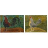 E PHIZACKLEA; pair of naive folk art oils on board, fighting cocks, signed lower right, 39cm x 53.