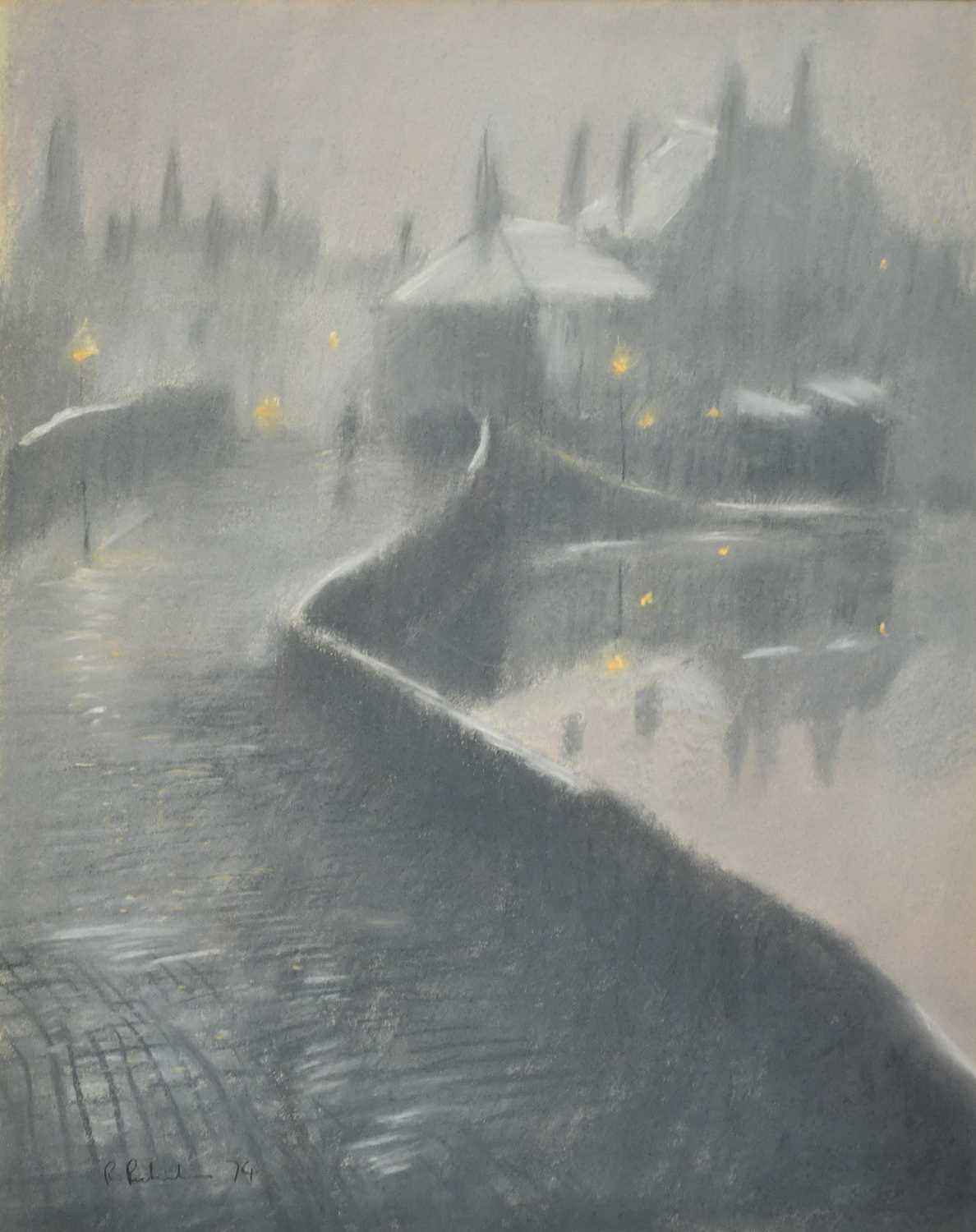 † ROBERT 'BOB' RICHARDSON (born 1938); pastel, 'Canal Scene with Evening Mist and Reflected Lights', - Image 2 of 6