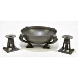 OLIVER BAKER FOR TUDRIC PEWTER; an Art Nouveau four legged bowl, impressed marks, width 32cm, and