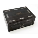 An ebonised and mother of pearl inlaid work box, height 11cm, width 27cm, depth 20cm.Condition