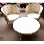 A pair of Laura Ashley style white upholstered tub chairs with butterfly upholstered design, width