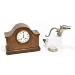 An Edwardian inlaid mantel clock, together with a reproduction duck ewer.