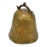 A Chinese cast bronze bell, decorated with two panels of scenes with warriors and foliate