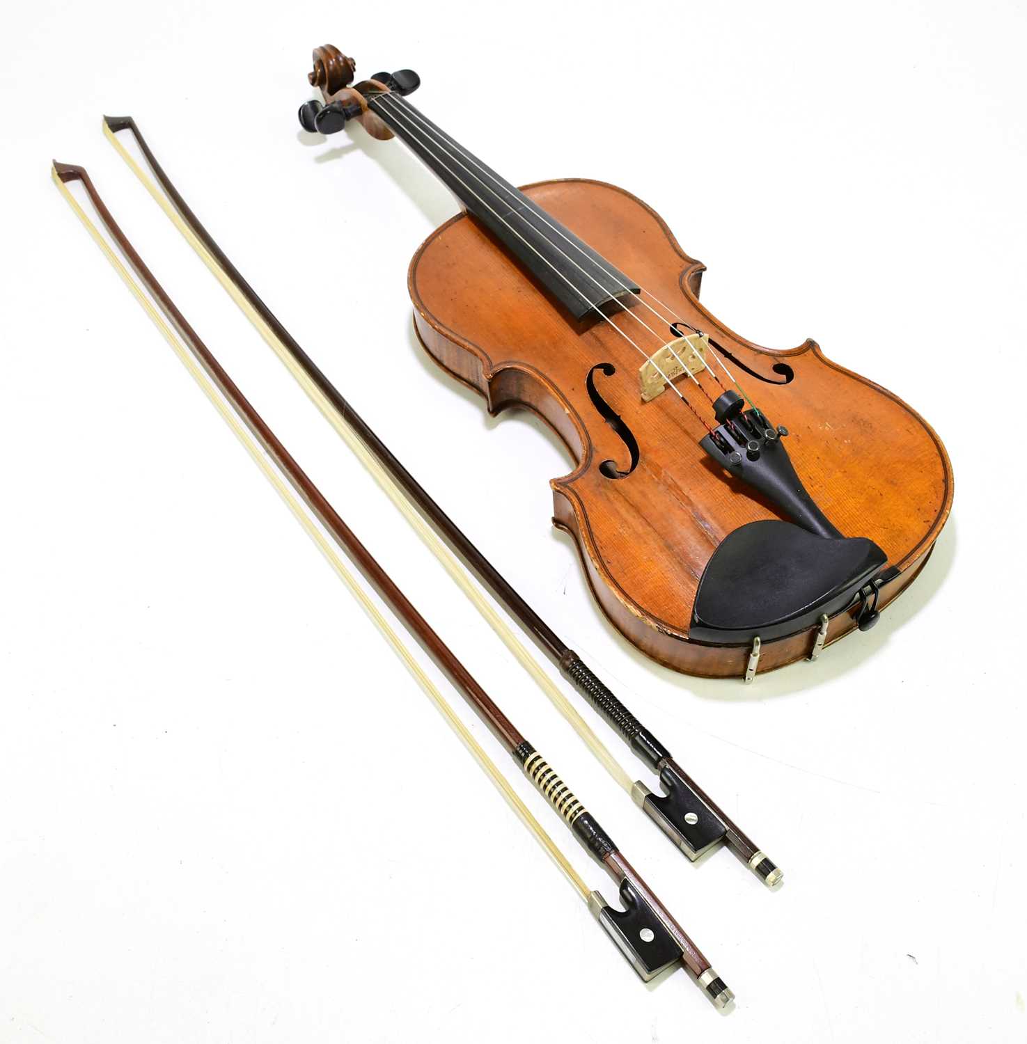 WOLFF BROS; a full size violin with two-piece back, length 35.6cm, cased with two bows.