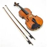 WOLFF BROS; a full size violin with two-piece back, length 35.6cm, cased with two bows.