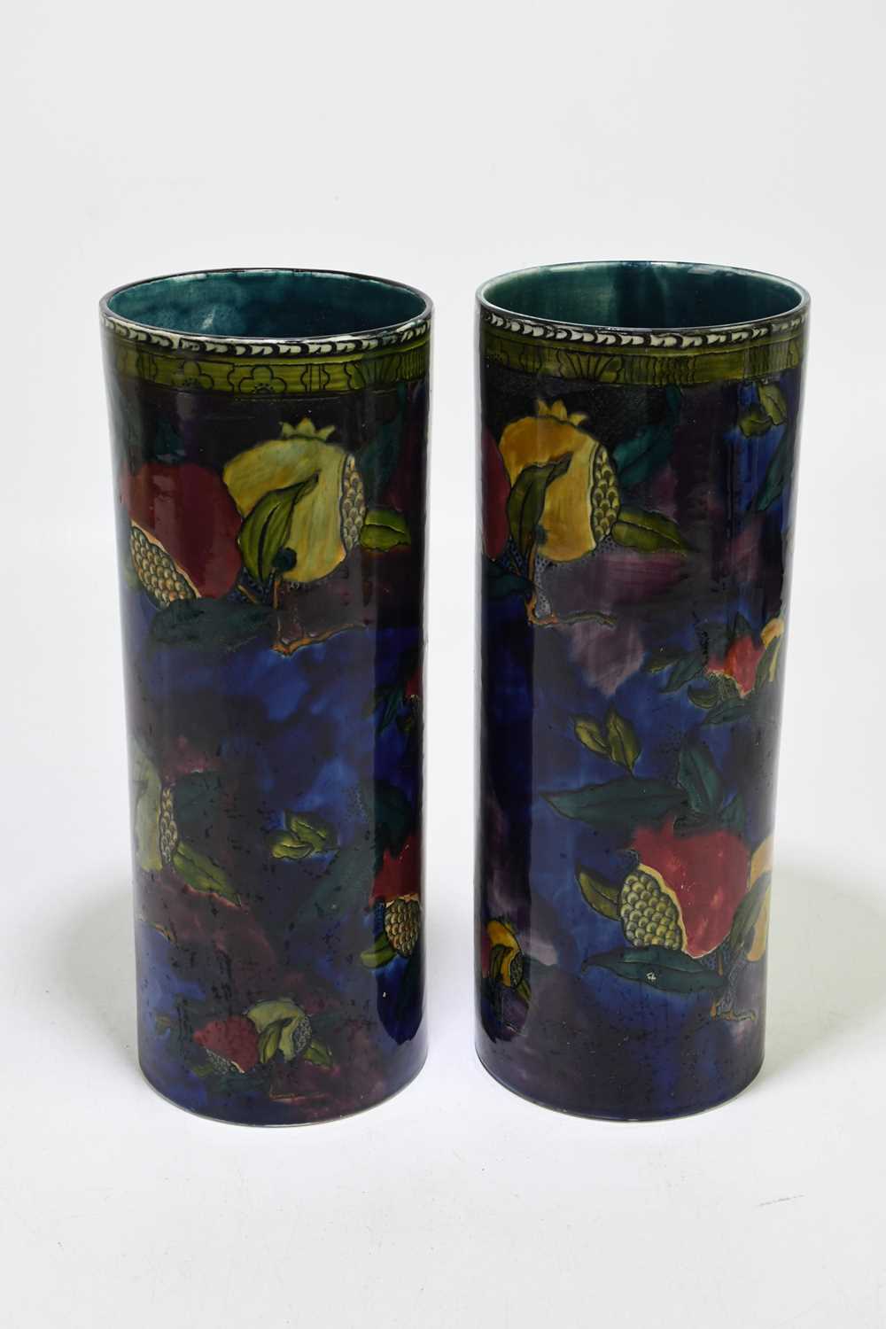 HANCOCK & SONS; a pair of 'Pomegranate' pattern cylindrical sleeve vases, height 32cm. - Image 2 of 6