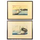 A pair of Japanese woodblock prints, decorated with junks and sailing vessels beside buildings and