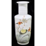 A Chinese Republic period Famille Verte vase, decorated with two birds and flowers with rock work,