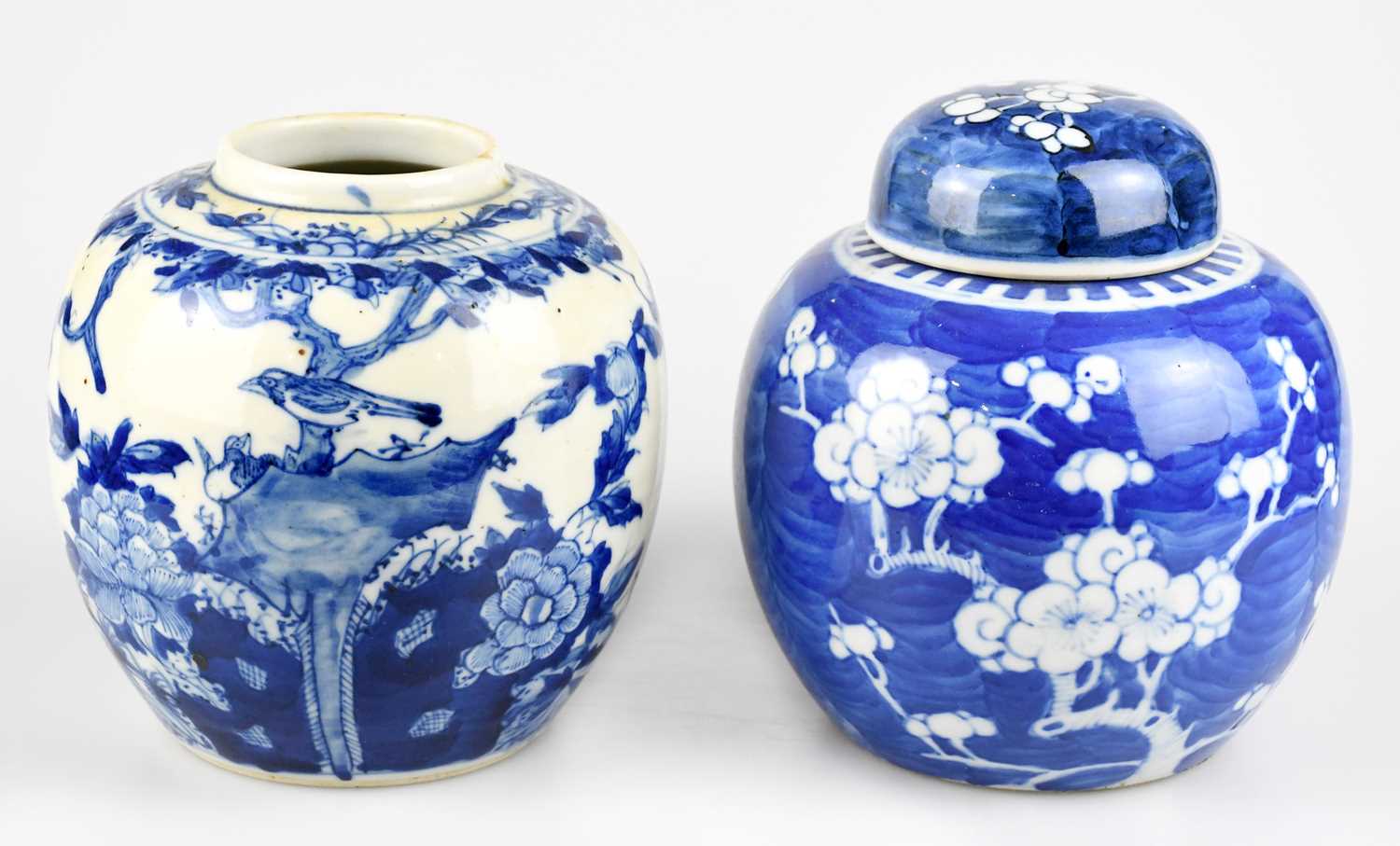 Two late 20th century blue and white ginger jars, one with lid, height of largest 13cm.Condition