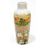 RACHEL BISHOP FOR COBRIDGE; a cylindrical vase with inverted neck, decorated in a landscape pattern,