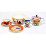 WEDGWOOD; a collection of ceramics after Clarice Cliff to include a fruit bowl, a conical tea cup