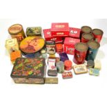 A collection of vintage metal advertising tins including Oxo, Thorne's Toffee, Sovereign, Furnace