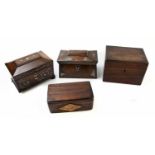 Two mahogany work boxes, together with two mother of pearl inlaid tea caddies (4).Condition