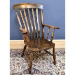 A beech and ash Country kitchen a elbow chair, with slatted back and solid seat, on turned legs,