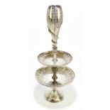 JAMES DIXON & SONS; a Victorian hallmarked silver epergne, with vase shaped flute with a climbing