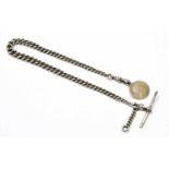 A hallmarked silver watch chain, with Victorian sixpence, length 31cm, weight 0.94ozt/29.2g.