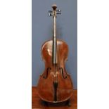 A full size violoncello, probably German, with two-piece back, length 74.5cm. Condition Report: