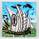 WILLIAM DE MORGAN; an Art Pottery tile painted with a two masted ship in shades of black, white,