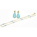 An 18ct yellow gold and turquoise bead set necklace, length approx. 41cm, and a pair of drop