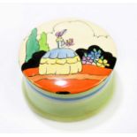 CLARICE CLIFF; a circular trinket box and cover, decorated in the 'Crinoline Lady' pattern, diameter