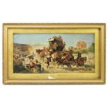 ROBERTS; a late 19th century oil on board, Spanish mail coach, signed lower right, 20 x 39.5cm,