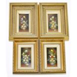 † R ROSINI; four oils on copper, still life flowers in vases, each signed, 16.5 x 8cm, framed (4).