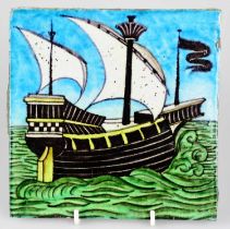 WILLIAM DE MORGAN; an Art Pottery tile, painted with a galleon with two sails in shades of blue,