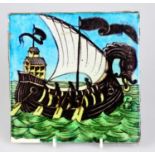 WILLIAM DE MORGAN; an Art Pottery tile painted with a galleon with three figures and a white sail,