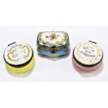 Three enamel pill boxes, one inscribed 'Be My Love', and another inscribed 'A Present from a