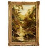 † JOHN HINES; oil on canvas depicting stags in a river with a bridge in the background, signed lower