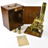 WATSON & SON, HIGH HOLBORN, LONDON; a late 19th century lacquered brass monocular microscope with