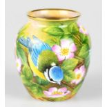 S J SMITH FOR MOORCROFT; a rare miniature enamelled vase, 'Summertime Blues', decorated to the