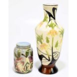 COBRIDGE; a cylindrical trial jar and cover decorated with fruit, height 11cm, together with a black