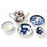 Five pieces of 18th century English ceramics based on Oriental designs, including a teapot (af), a