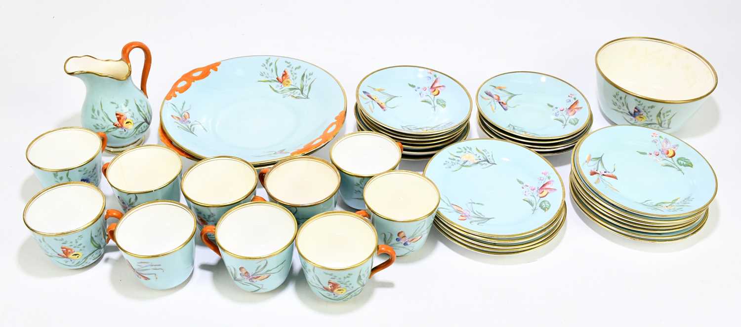 A 19th century English bone china thirty-eight piece part tea service, decorated with butterflies