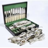 A canteen of silver plated cutlery, with assorted loose silver plated and chrome cutlery.