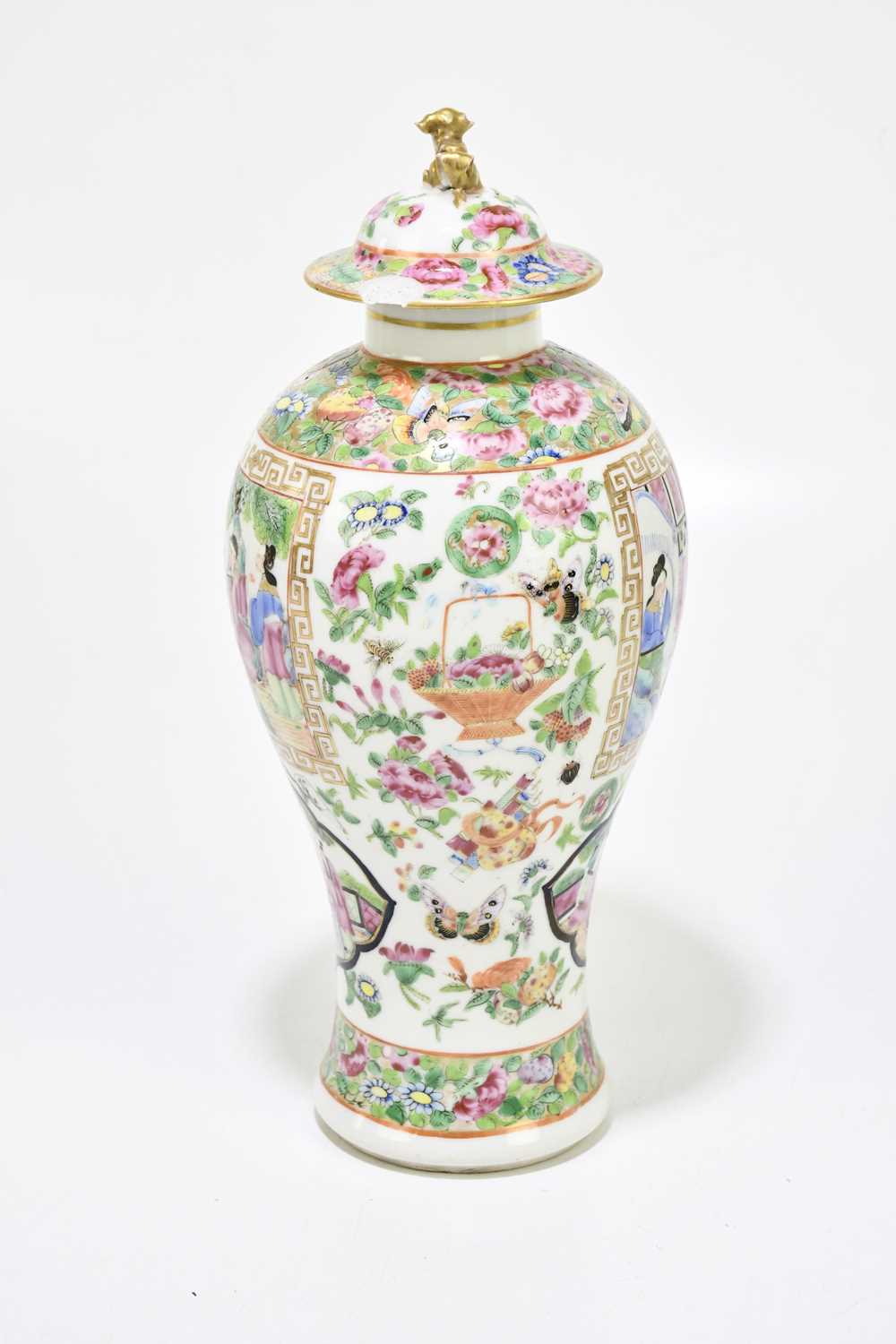 A 19th century Chinese Canton Famille Rose jar and cover decorated with figures inside panels, - Image 5 of 7