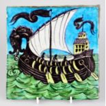 WILLIAM DE MORGAN; an Art Pottery tile painted with a galleon and three sailors with paddles, in