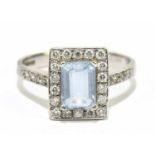 A 9ct white gold, diamond and aquamarine ring in the Art Deco taste, size I 1/2, approx. 2.4g.