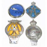 A group of four car badges to include AA, RAC, RPSB, and a 1937 Coronation car badge.