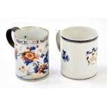 Two circa 1800 porcelain Chinese Export mugs, one with interwoven handle and applied initials to a