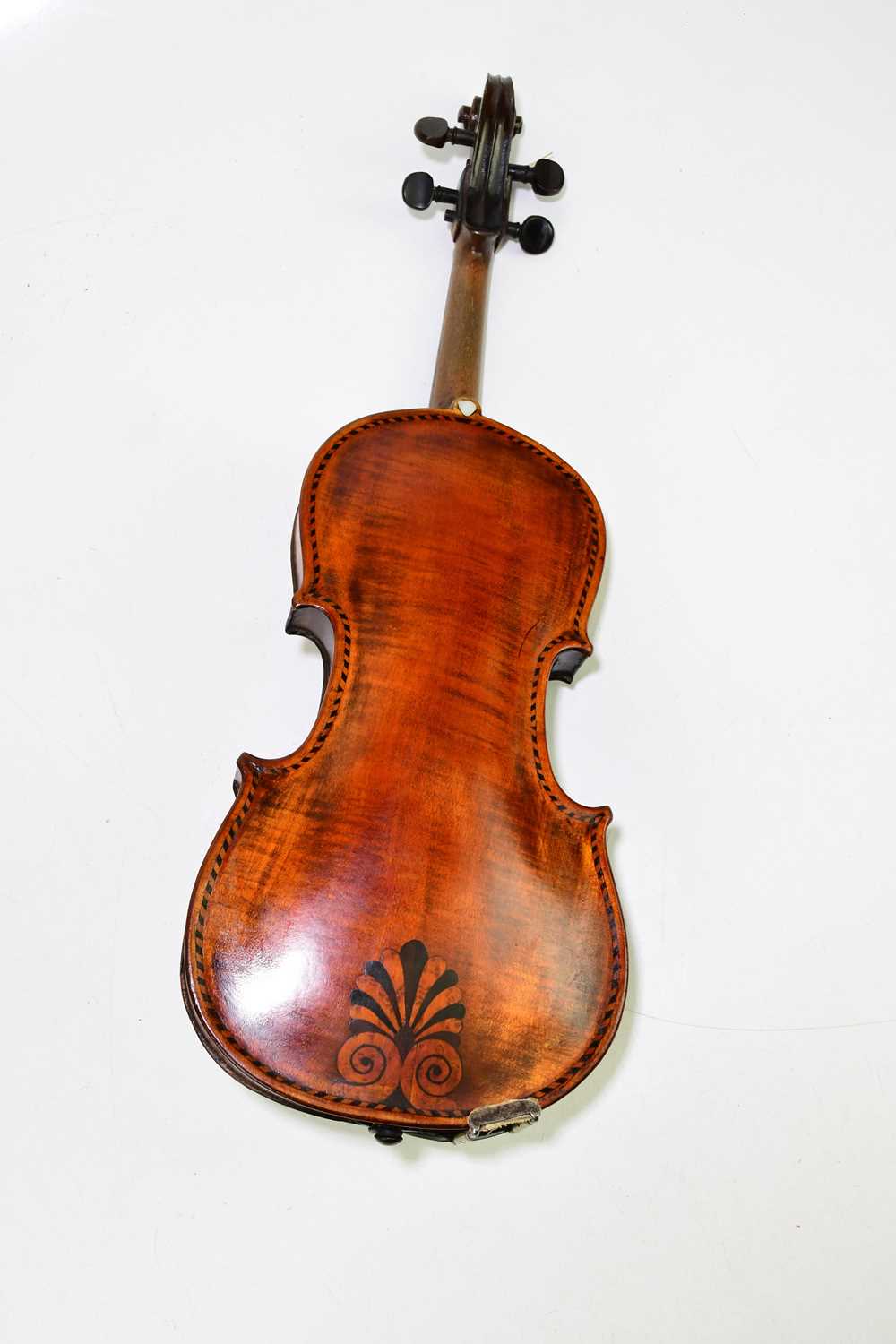 A full size German violin with inlaid decoration and one-piece back, length of back 35cm, cased. - Image 3 of 10