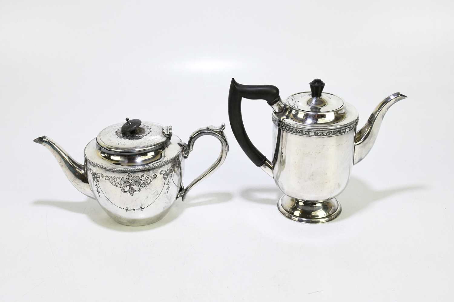 Two silver plated teapots with a sugar bowl, a cream jug and a dish. - Image 2 of 7