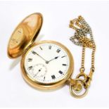 A gold plated full hunter crown wind pocket watch, the enamel dial with Roman numerals and